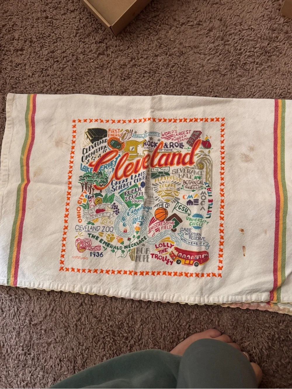 Cleveland Illustrated Kitchen Towel - White with Multicolor Design